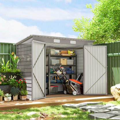 8 x 4FT Galvanized Garden Storage Shed, Metal Outdoor Shed with Double Doors and 2 Vents, Oak