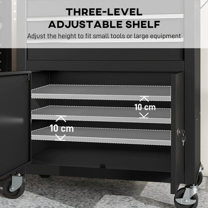 Rolling Tool Cabinet with Pegboard, Lockable Tool Chest, Mobile Tool Storage Organizer for Garage and Workshop, Black