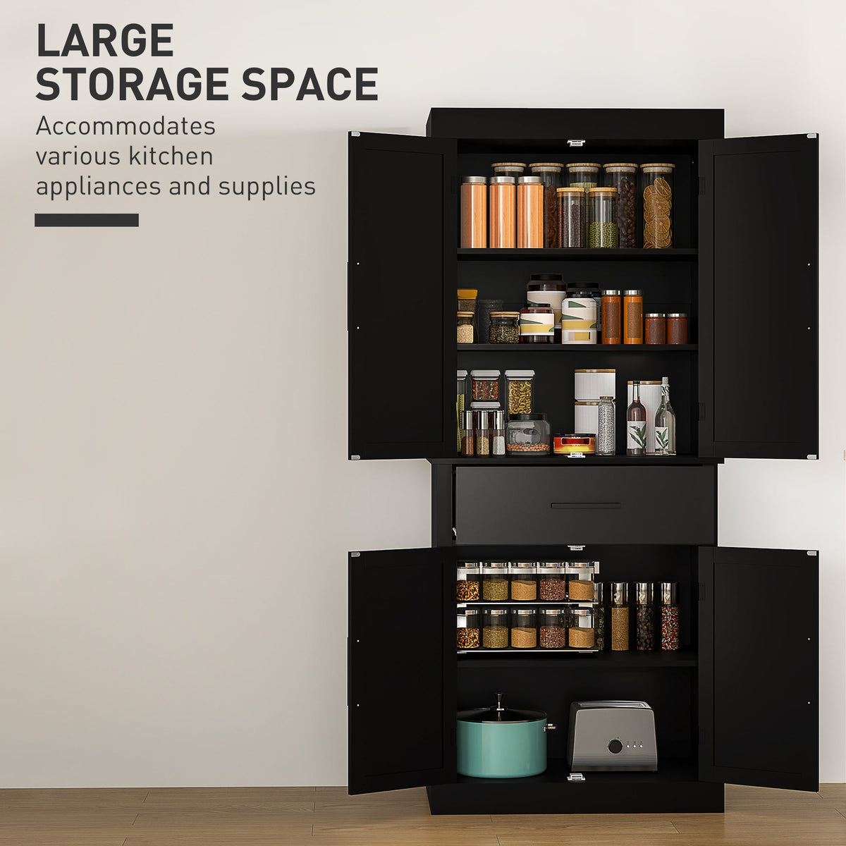 72" Kitchen Storage Cabinet, Farmhouse Kitchen Pantry Cabinet with 4 Barn Doors, Drawer, Adjustable Shelves, Black