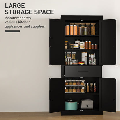 72" Kitchen Storage Cabinet, Farmhouse Kitchen Pantry Cabinet with 4 Barn Doors, Drawer, Adjustable Shelves, Black