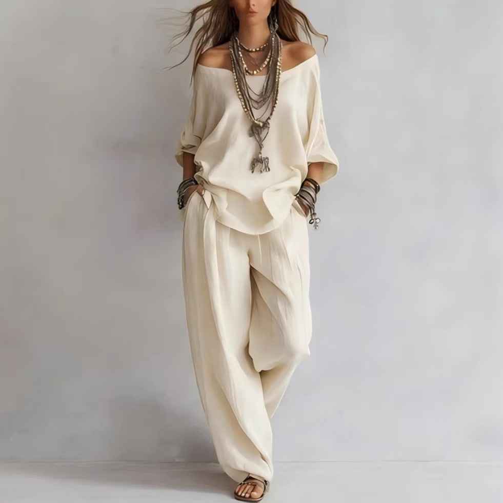 Off-shouder Suits Fashion Three-quarter Sleeves Top And Loose Pockets Wide-Leg Pants Set Women's Clothing