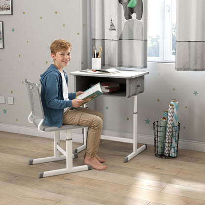 Kids Desk and Chair Set, Height Adjustable Children Study Desk and Chair with Drawer, Study Table for Bedroom, Grey