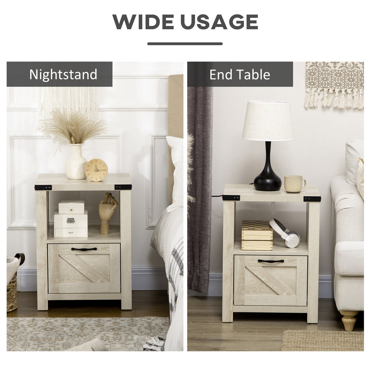 Side Table with Storage, Farmhouse End Table with Drawer, Open Shelf and Barn-style Panel, Nightstand for Living Room, Bedroom, Oak