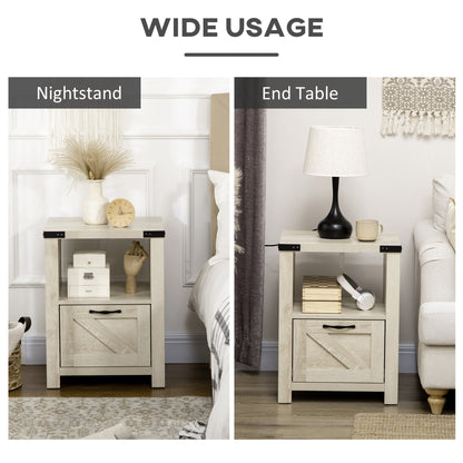 Side Table with Storage, Farmhouse End Table with Drawer, Open Shelf and Barn-style Panel, Nightstand for Living Room, Bedroom, Oak