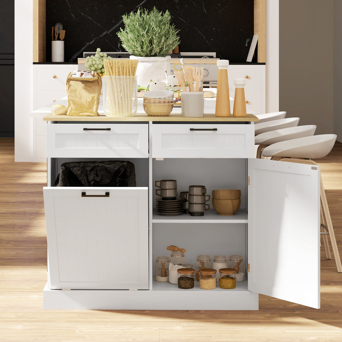 Hidden Garbage Bin Cabinet, Tilt Out Trash Cabinet w/ 2 Drawers, Freestanding Kitchen Island for Laundry, Black