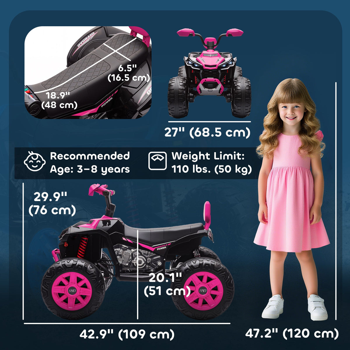 2-Seater All-Terrain 4 Wheeler, 24V Kids ATV Ride-On, Electric Quad Car with Dual Motor, for Boys and Girls, Black