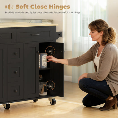 Kitchen Island Cart with Power Outlet & Drop Leaf, 55" Rolling Kitchen Island on Wheels with Storage, Black