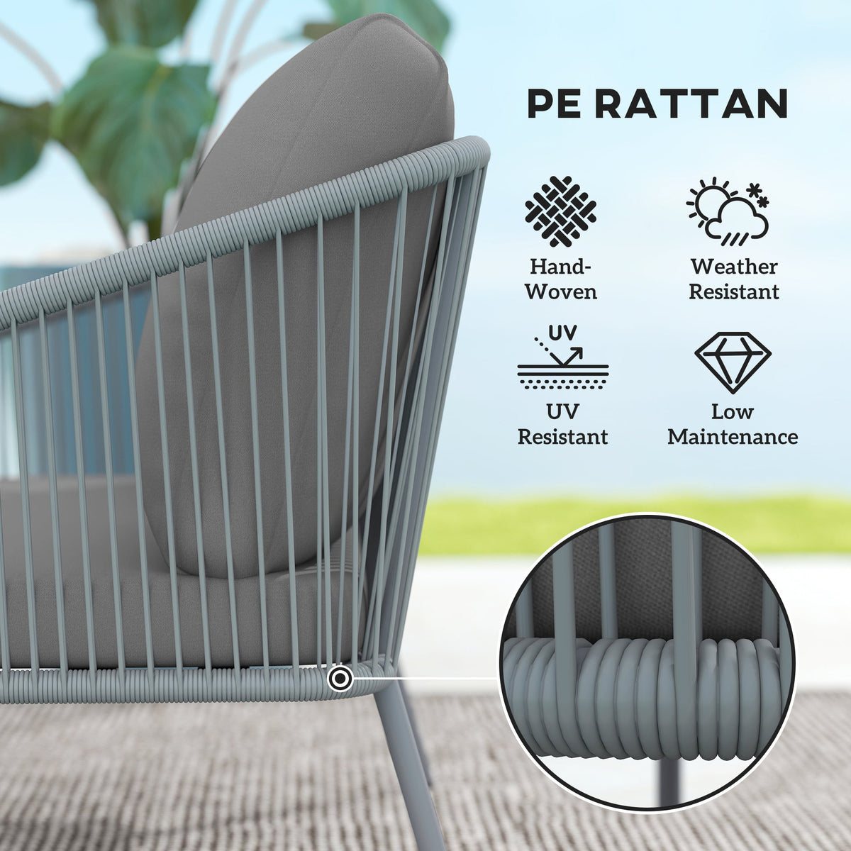Garden Sofa with Cushions, 2-Seater Outdoor Balcony Rattan Sofa, 112 x 72 x 76 cm, Grey