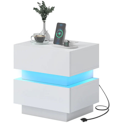 Emma Bedside Table with Charging Station, USB Ports and LED Light-Black