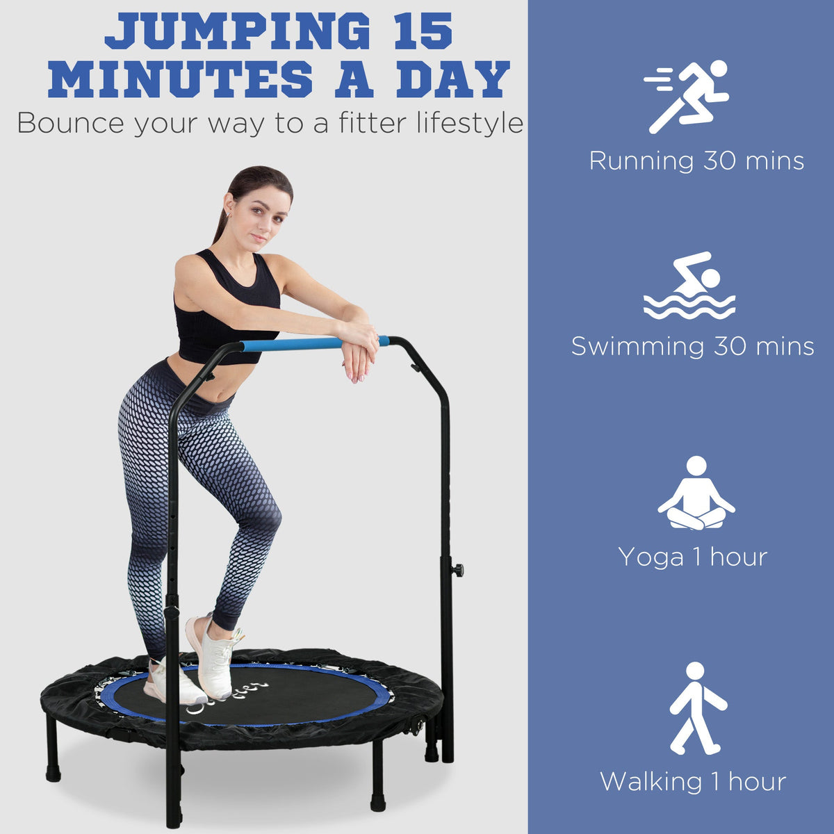 40" Foldable Mini Fitness Trampoline, with Adjustable Foam Handle, Blue