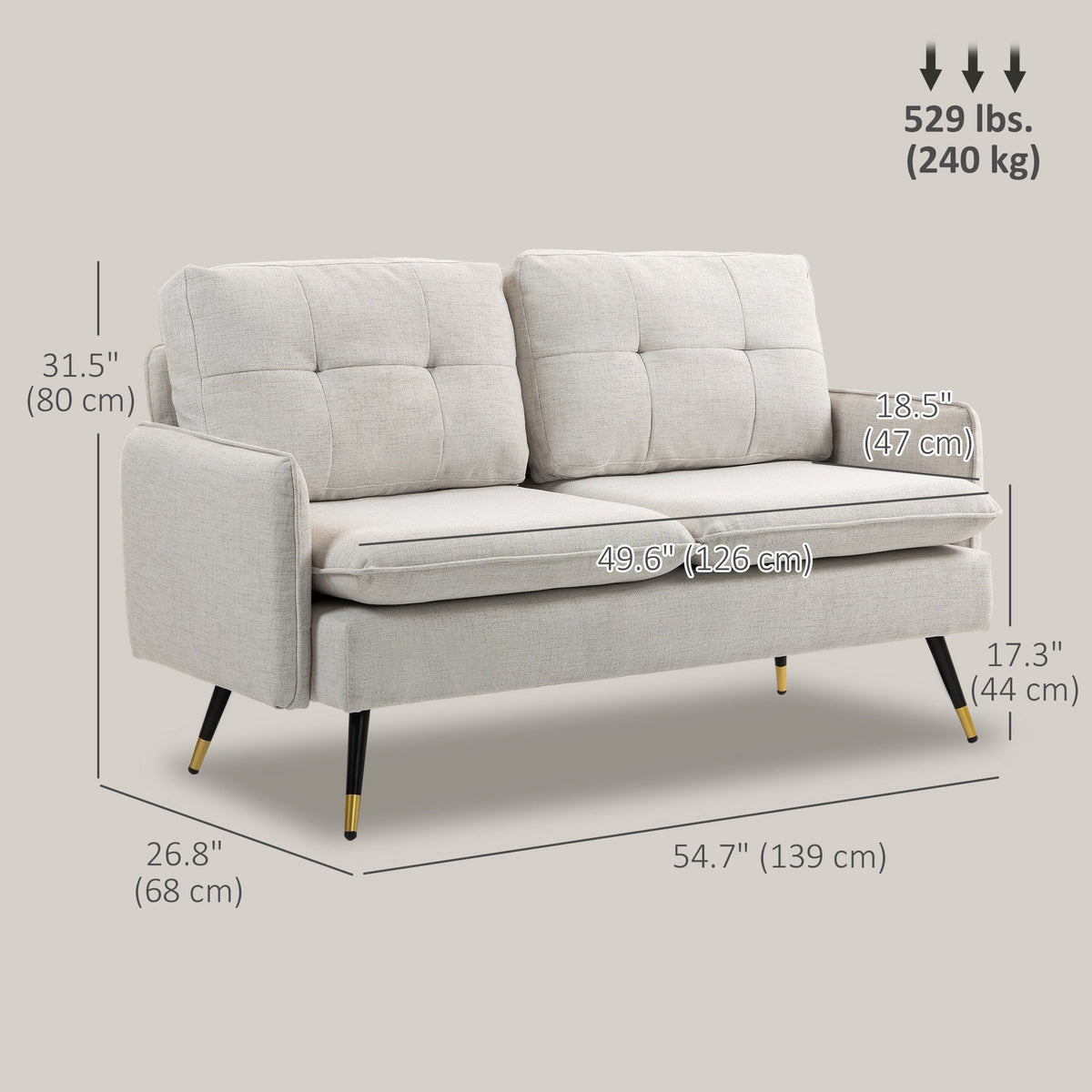 55" Loveseat Sofa, Linen Love Seat w/ S spring, Steel Legs and Button Tufting, Small Couch for Living Room, Dark Grey