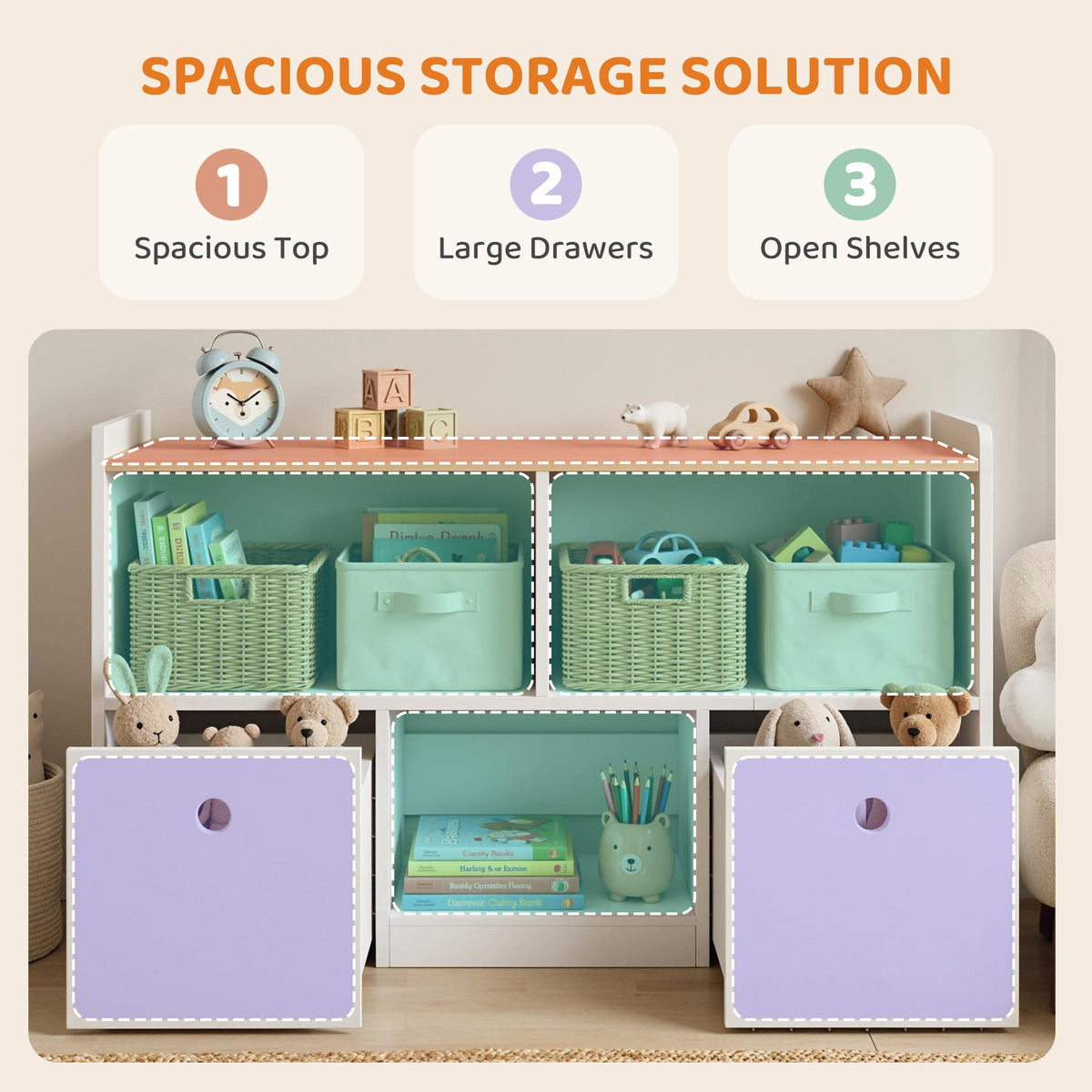 Toy Storage Organizer, Toy Organizers and Storage with 2 Movable Drawers and 3 Cubbies for Playroom, Nursery, White