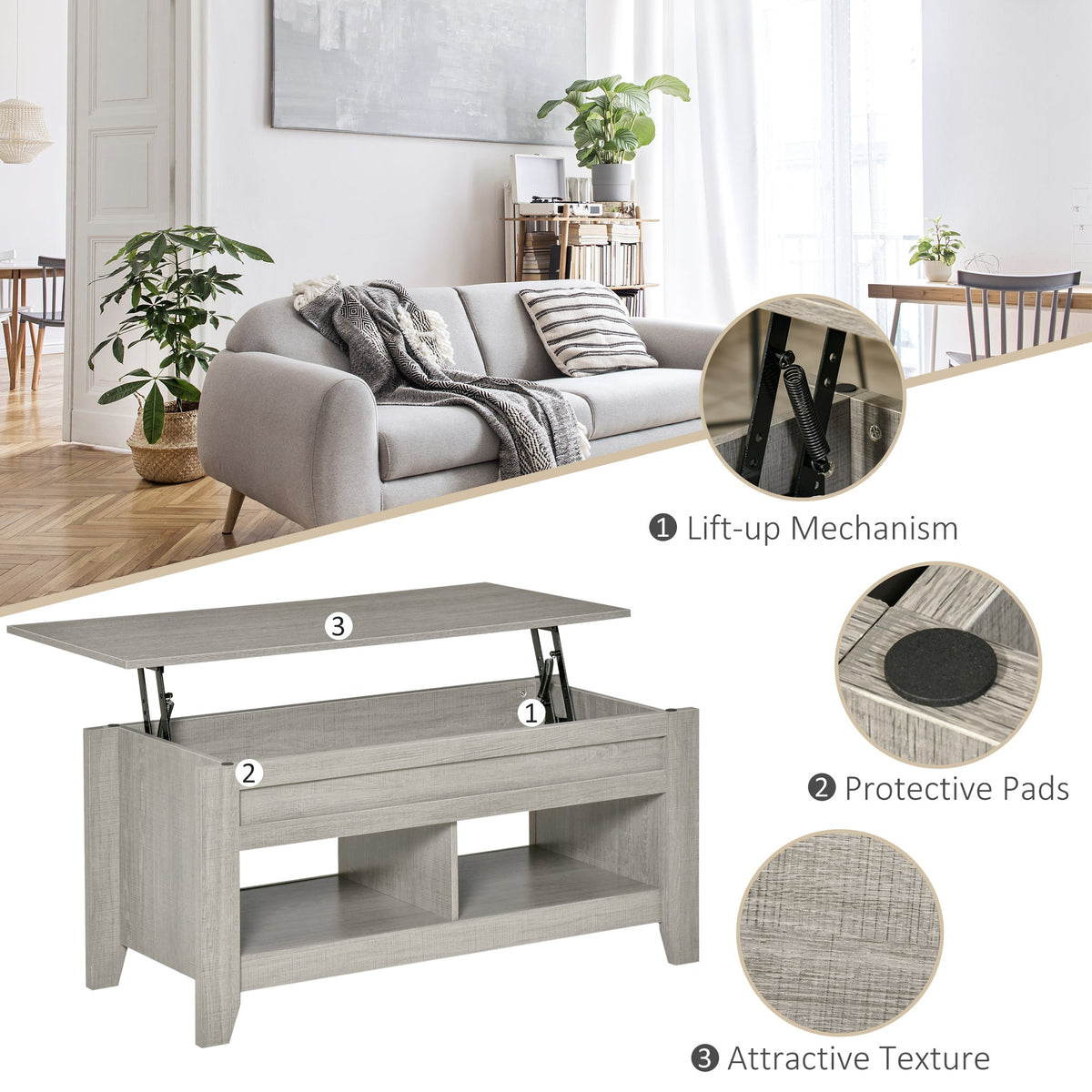 Lift Top Coffee Table with Hidden Storage Compartment and Open Shelves, Lift Tabletop Pop-Up Center Table for Living Room, Dark Walnut