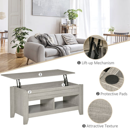 Lift Top Coffee Table with Hidden Storage Compartment and Open Shelves, Lift Tabletop Pop-Up Center Table for Living Room, Dark Walnut