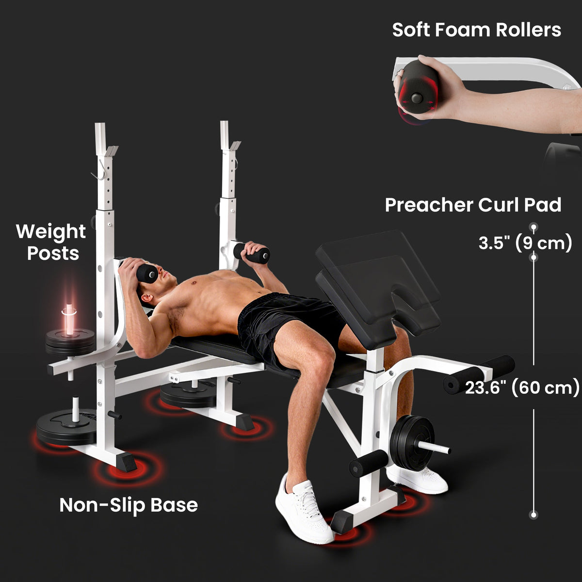 Bench Press Set Adjustable Weight Bench with Squat Rack, Preacher Curl Pad, Leg Developer and Weight Storage, White