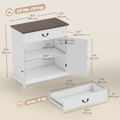 Buffet Cabinet, 32" Farmhouse Sideboard with Thick Top, Quiet Drawer and Adjustable Shelf, White Wood Grain