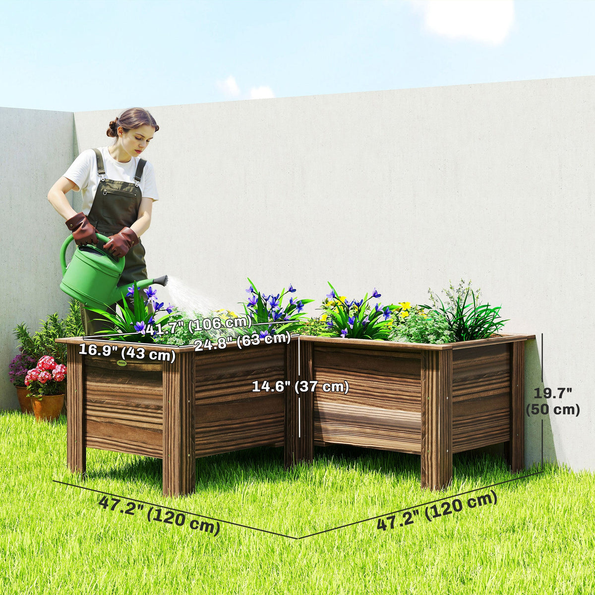Raised Garden Bed, 47.2" x 47.2" x 19.7" Wooden Elevated Planter Box Outdoor with Legs, for Vegetables, Flowers, Herbs, L-shaped, Natural