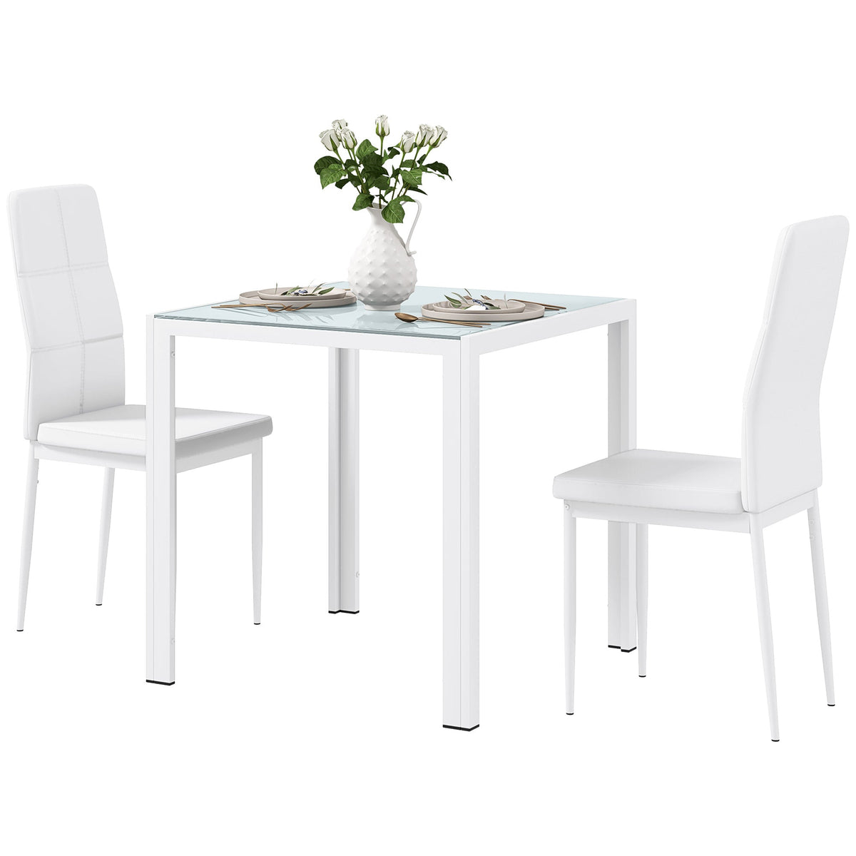 5-Piece Rectangular Glass Kitchen Table and Chairs with Metal Frame and Faux Leather Upholstery for Dining Room, Black
