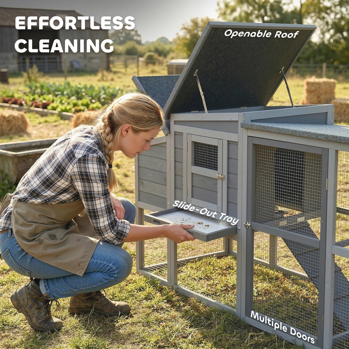 Large Chicken Coop, Wooden Hen House with Covered Run, Nesting Box, Pull-Out Tray, Opening Asphalt Roof