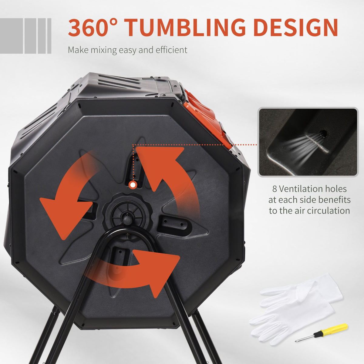 43 Gallon (160L) Tumbling Compost Bin Outdoor Dual Chamber 360° Rotating Composter with Sliding Doors, Solid Steel Frame and Gloves, Black
