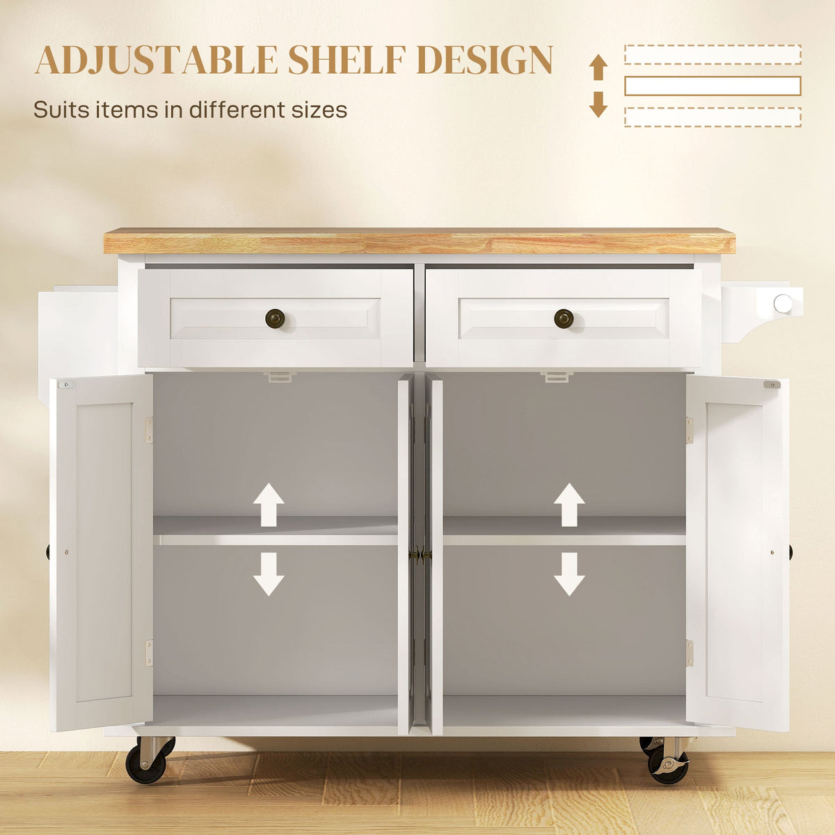 Kitchen Island with Storage, Rolling Trolley Cart with Rubber Wood Top, Spice Rack, Towel Rack, Brown Oak