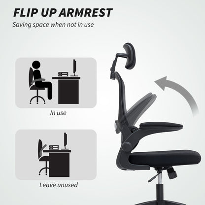 Ergonomic Mesh Office Chair, High Back Desk Chair with Rotatable Headrest, Flip-Up Armrests, Lumbar Support, Black