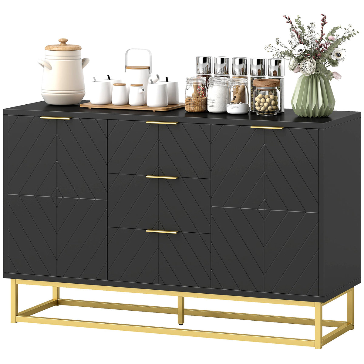 47" Storage Cabinet with Doors, Adjustable Shelves, 3 Drawers, Metal Legs for Kitchen Storage, Home Use, White