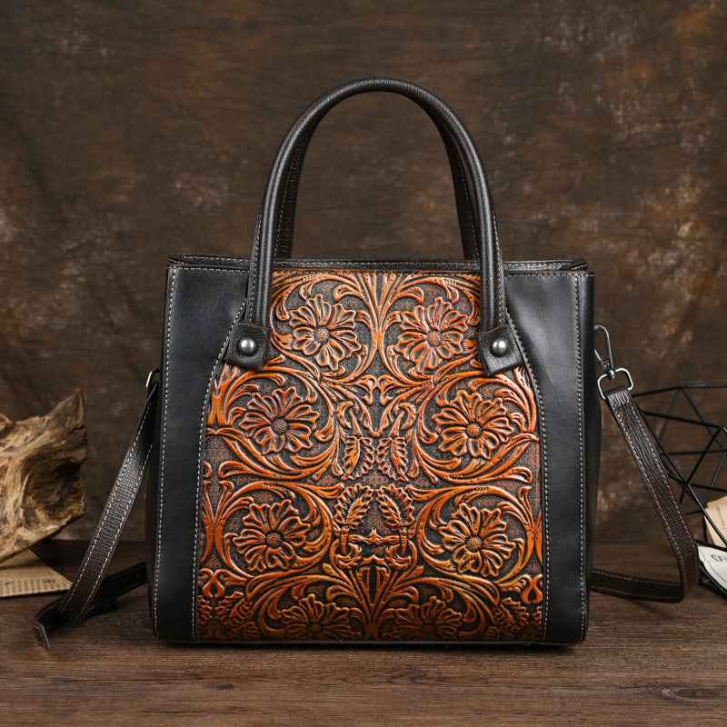 Single-shoulder Slanted-top Full-grain Leather Tote Bag With Leather Carving