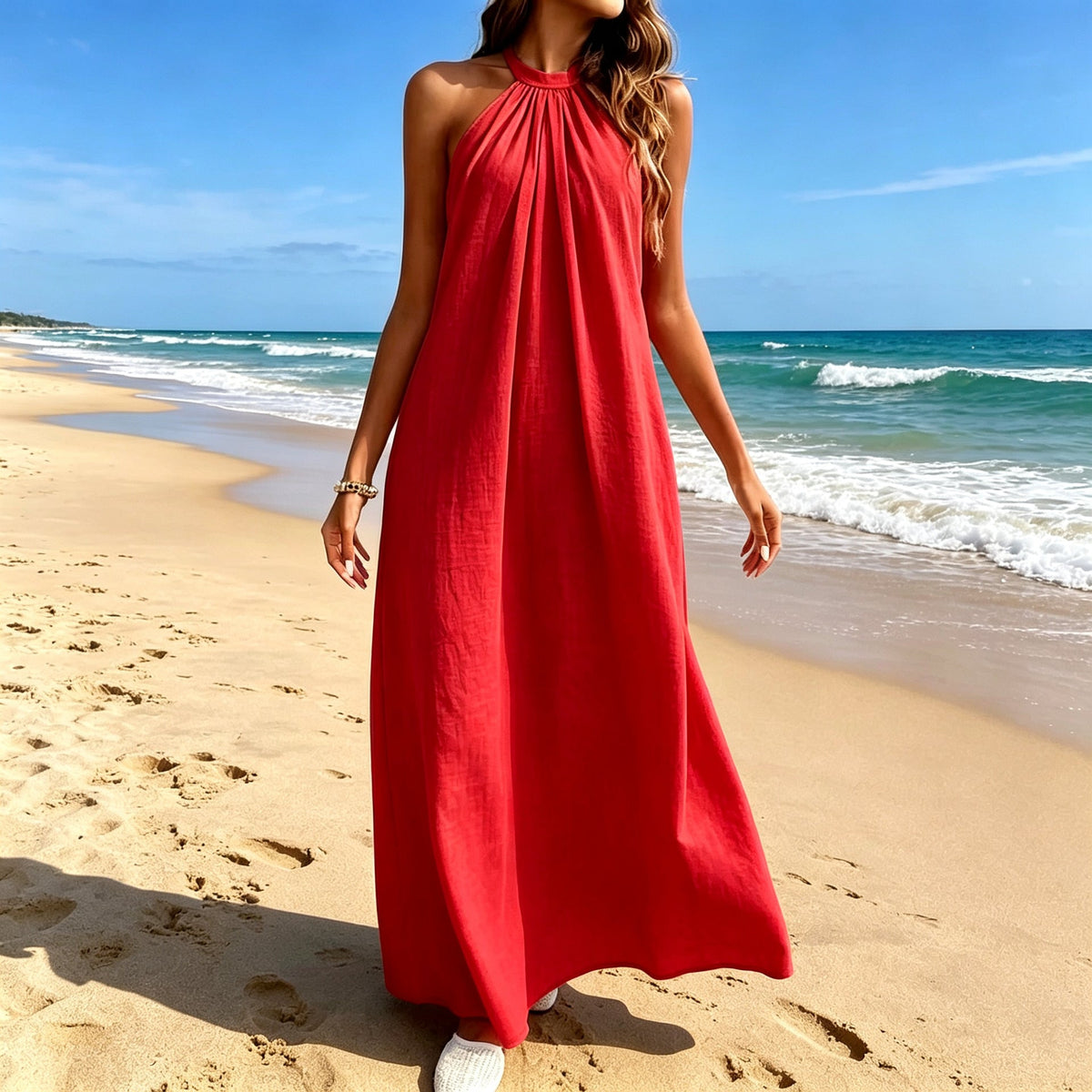The Ladys Dress Is A Sexy Halter-neck Loose-fitting Style