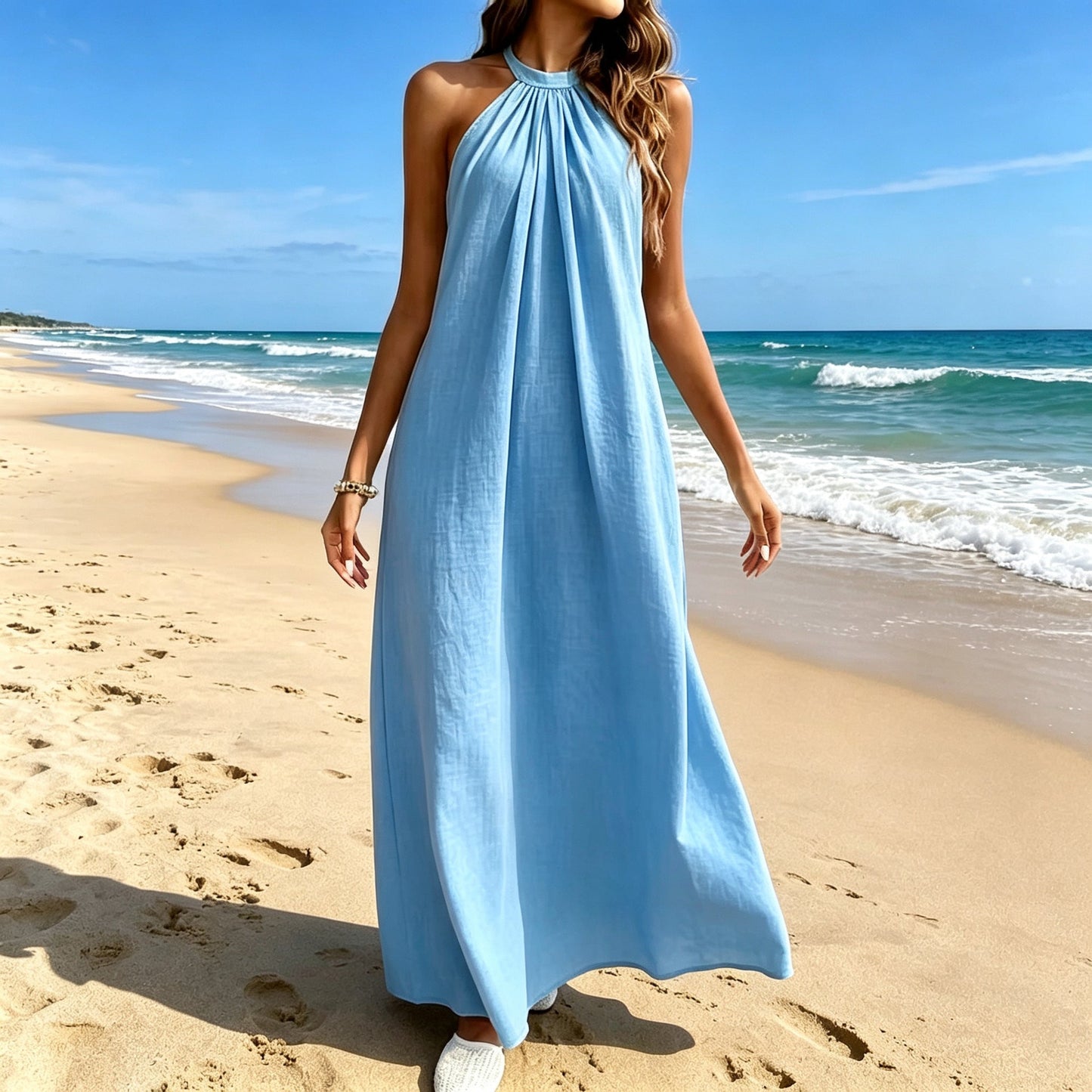 The Ladys Dress Is A Sexy Halter-neck Loose-fitting Style