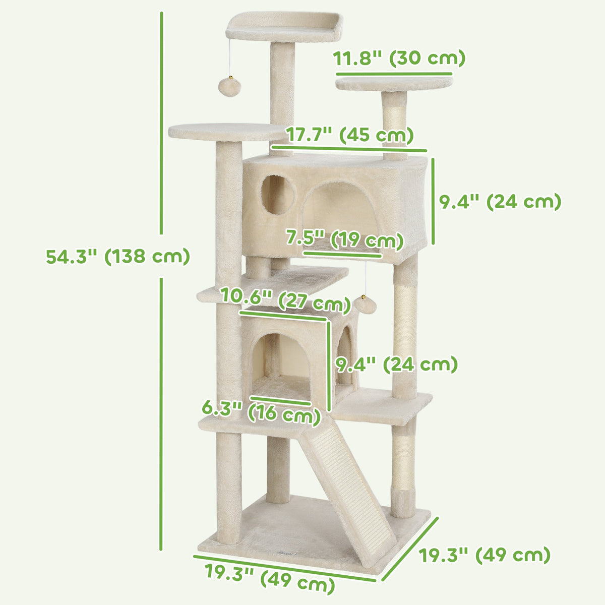 54" Cat Tree, Multi-Level Cat Tower with Scratching Posts, Cat Condos, Bed, Platforms, Ramp, Toy Ball, Beige