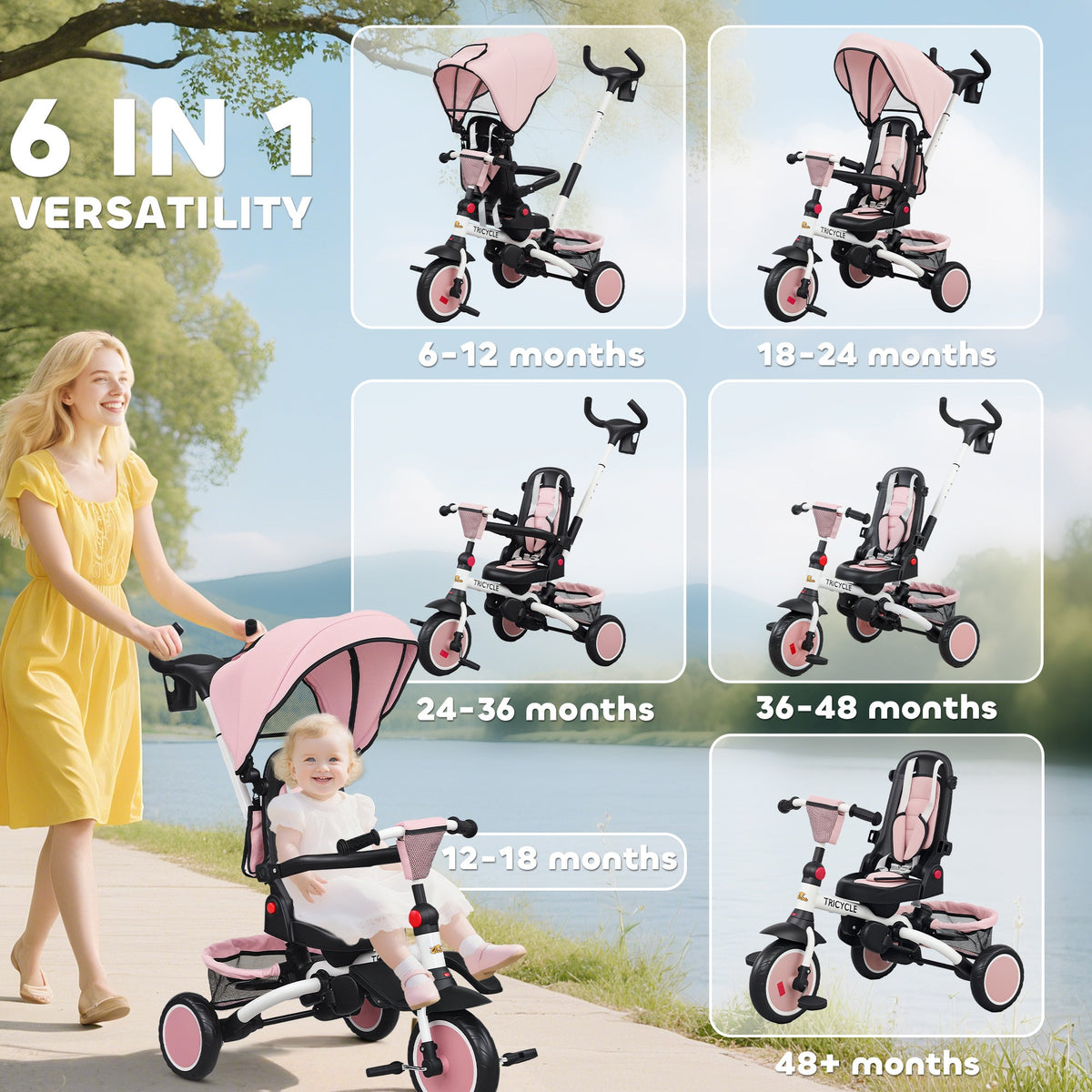 6 in 1 Toddler Tricycle for 1-5 Years Old with Push Handle, Removable Canopy, Rotatable Seat, Black