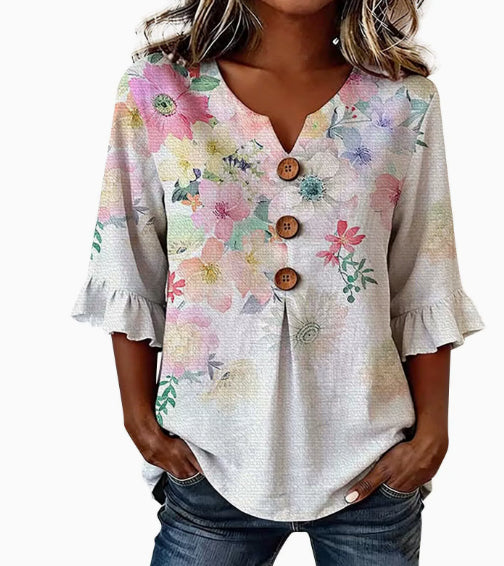 Womens Three-quarter-sleeve Buttoned Blouse With A Floral Pattern