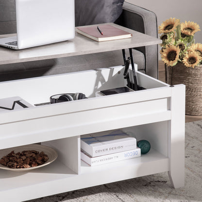 Lift Top Coffee Table with Hidden Storage Compartment and Open Shelves, Lift Tabletop Pop-Up Center Table for Living Room, Dark Walnut