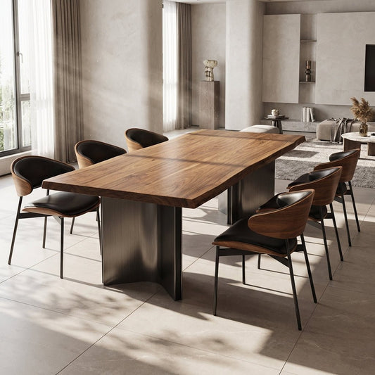 Aero Curve Walnut & Leather Dining Set with 6 Chairs