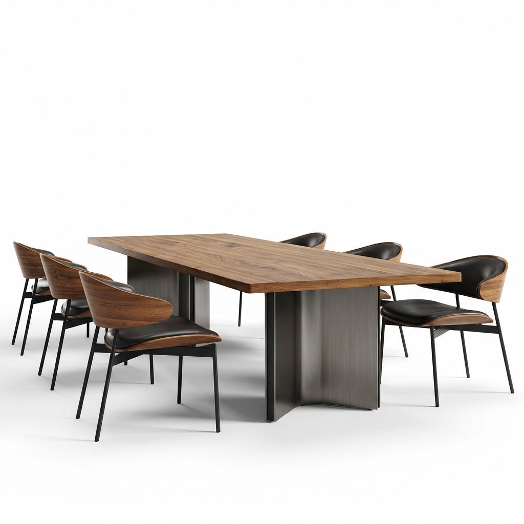 Aero Curve Walnut & Leather Dining Set with 6 Chairs