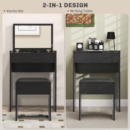 Modern Vanity Set with Makeup Table and Cushioned Stool, Dressing Table with Flip Top and Mirror for Bedroom, White