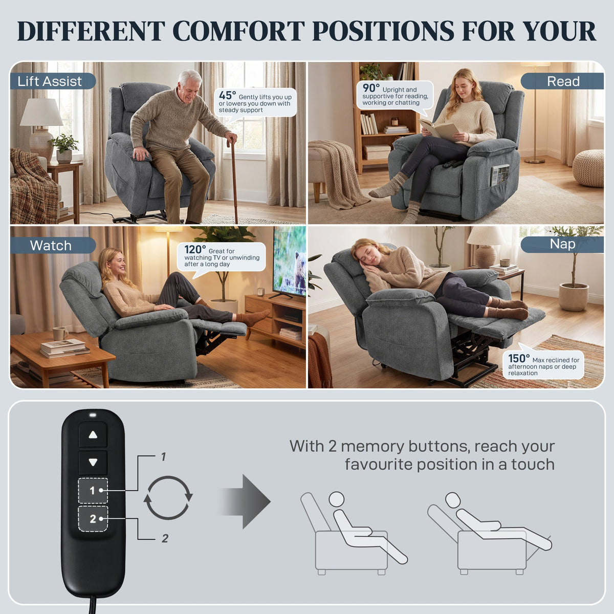 Power Recliner Chair with Massage, Electric Lift Chair for Elderly with Side Pockets, 2 Memory Positions, Remote, Brown