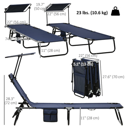 2 Piece Folding Outdoor Chaise Lounges, Pool Tanning Chairs with Reclining Back, Sunshade for Beach, Patio, Dark Grey