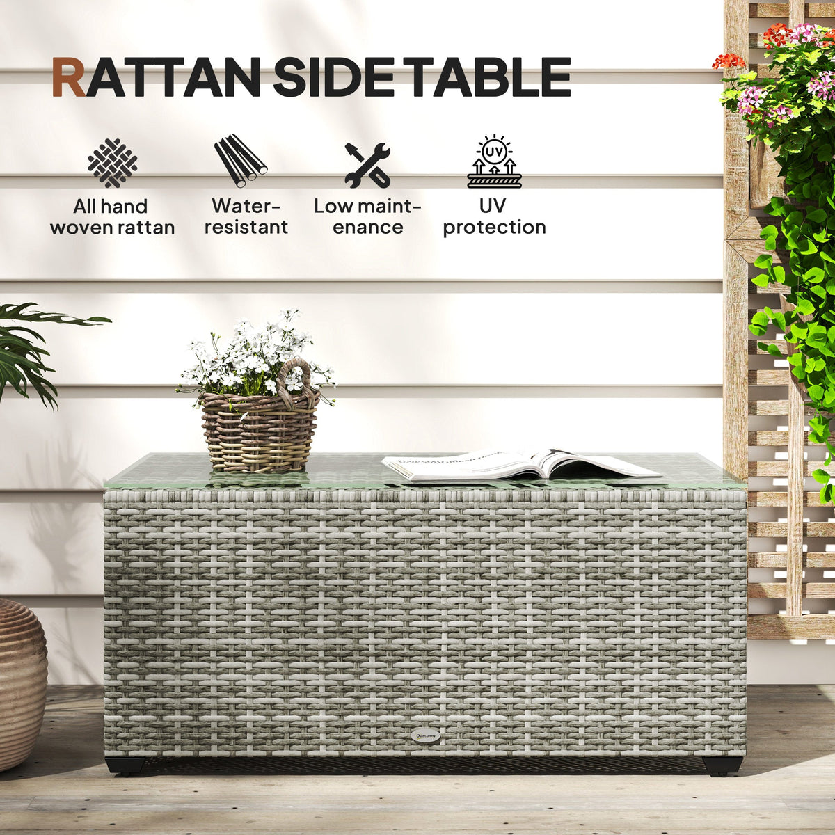Wicker Outdoor Coffee Table, PE Wicker Rectangular Patio Table with Tempered Glass Top for Garden, Balcony, Dark Grey