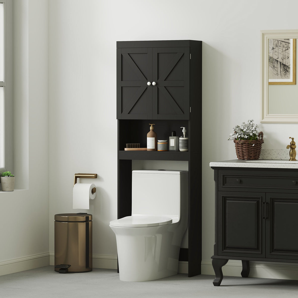 Over The Toilet Cabinet, Modern Bathroom Above Toilet Storage with Barn Doors and Open Shelf, Black