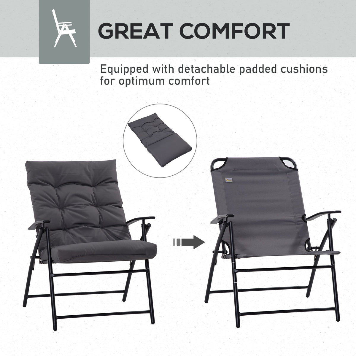 Set of 2 Outdoor Folding Chairs with Adjustable Backrest, Padded Camping Chairs for Outdoor Events, Grey