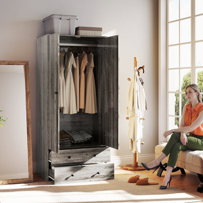 Briar Wardrobe Closet-Armoire with 2 Drawers and Hanging Rod-Grey