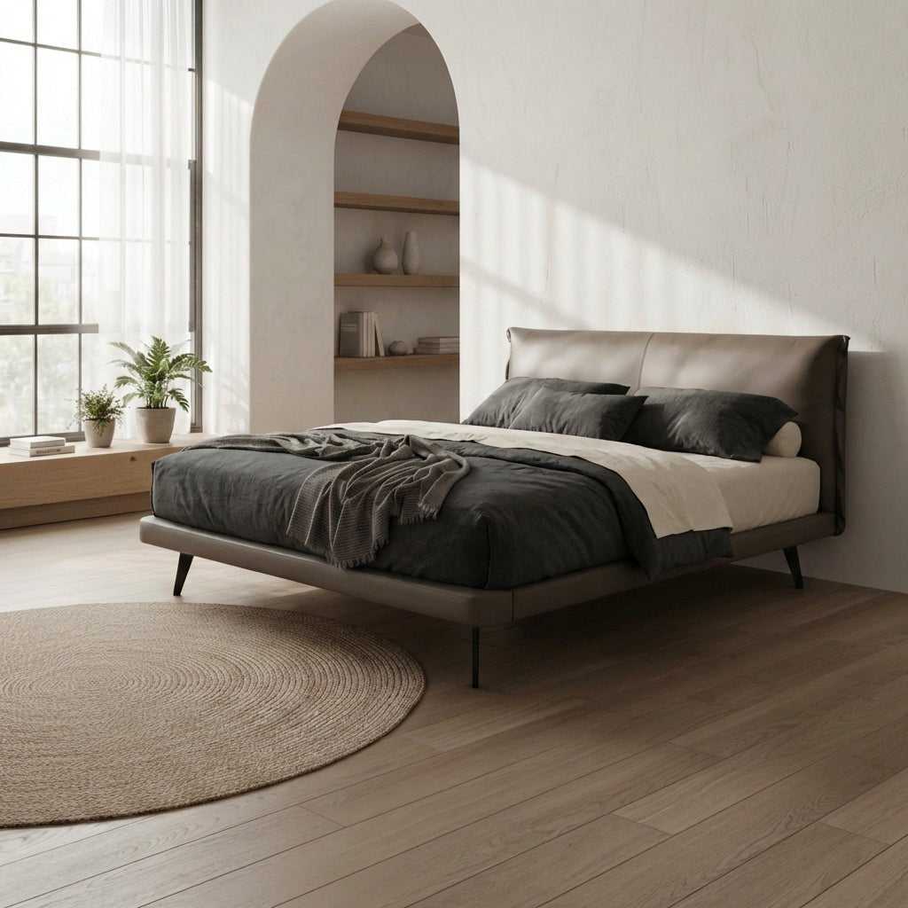 Aries Minimalist Brown Faux Leather King Bed