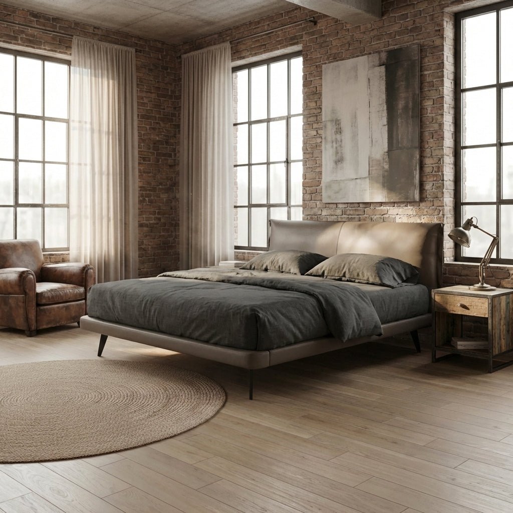 Aries Minimalist Brown Faux Leather King Bed