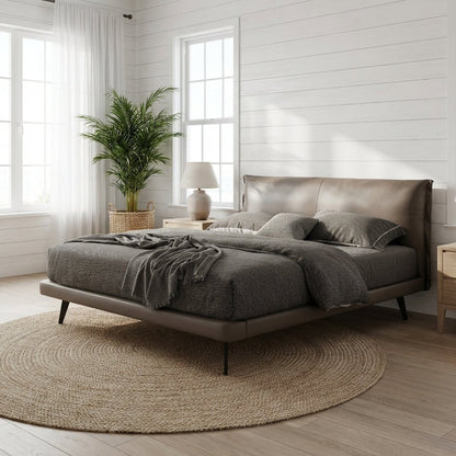 Aries Minimalist Brown Faux Leather King Bed