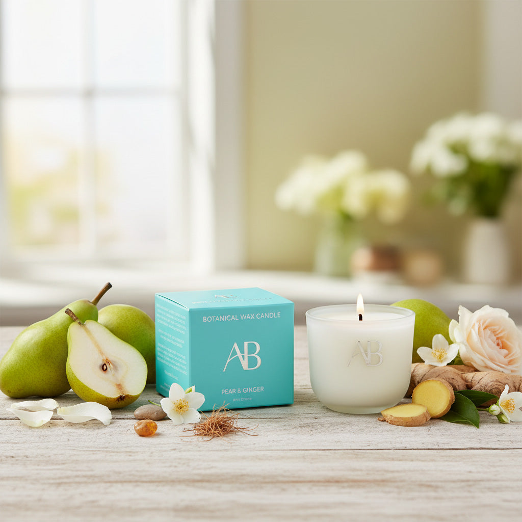 Mini Pear Ginger Scented Candle with Spice & Amber Notes by Aromabotanical