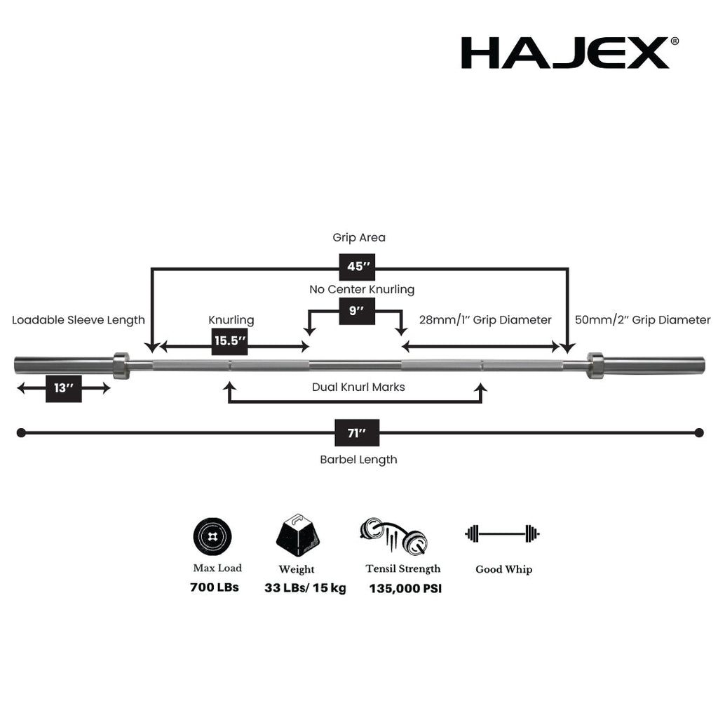 HAJEX Olympic and Standard Barbell Bars 4Ft, 5Ft, 6Ft and 7Ft