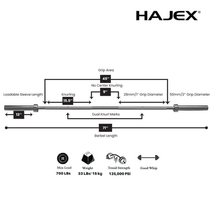 HAJEX Olympic and Standard Barbell Bars 4Ft, 5Ft, 6Ft and 7Ft