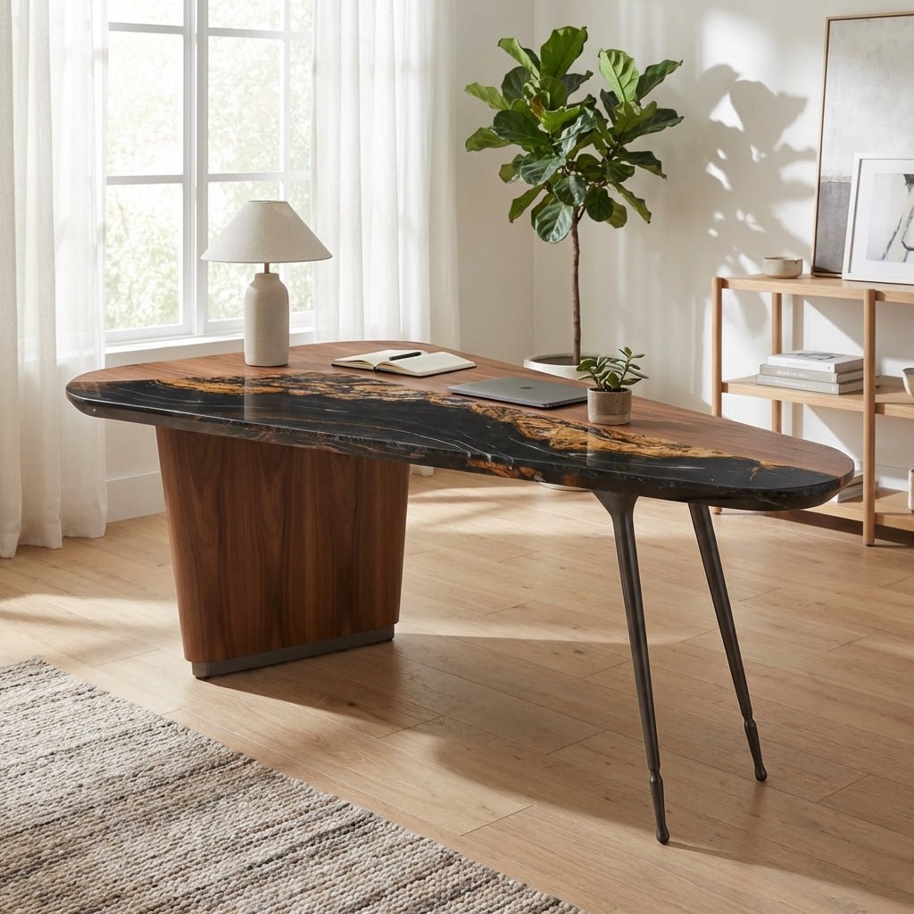 Artisan Crafted Walnut and Marble Office Desk